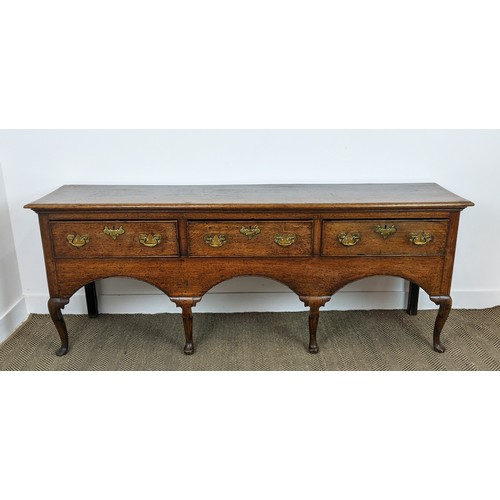 131 - DRESSER BASE, George III oak, with three drawers, 199cm x 47cm x 78cm H.