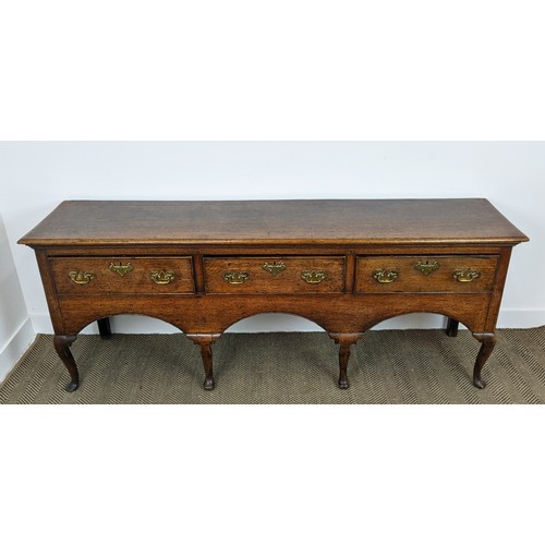 131 - DRESSER BASE, George III oak, with three drawers, 199cm x 47cm x 78cm H.