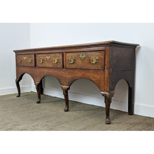 131 - DRESSER BASE, George III oak, with three drawers, 199cm x 47cm x 78cm H.