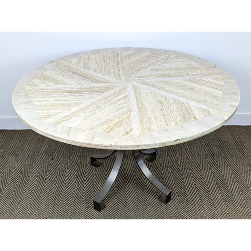 126 - TRAVERTINE DINING TABLE, circa 1970 with segmented design on a metal base, 127cm diam x 78cm H.