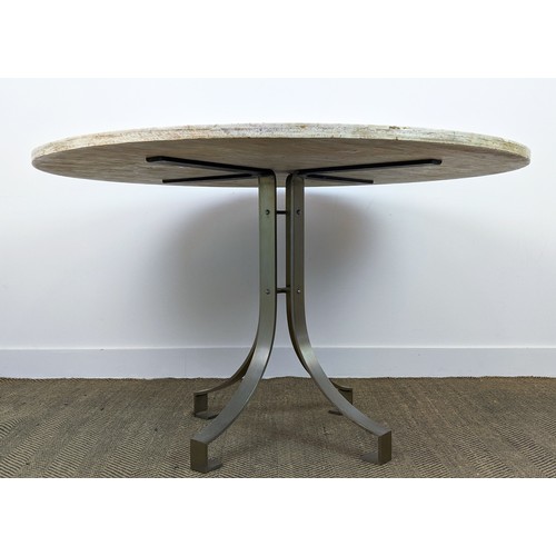 126 - TRAVERTINE DINING TABLE, circa 1970 with segmented design on a metal base, 127cm diam x 78cm H.