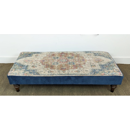 96 - HEARTH STOOL, Oriental design and blue fabric upholstery on turned feet, 29cm H x 132cm W x 62cm D.