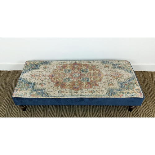 96 - HEARTH STOOL, Oriental design and blue fabric upholstery on turned feet, 29cm H x 132cm W x 62cm D.