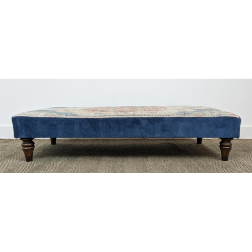 96 - HEARTH STOOL, Oriental design and blue fabric upholstery on turned feet, 29cm H x 132cm W x 62cm D.