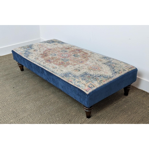 96 - HEARTH STOOL, Oriental design and blue fabric upholstery on turned feet, 29cm H x 132cm W x 62cm D.