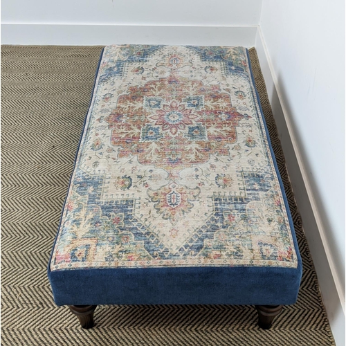 96 - HEARTH STOOL, Oriental design and blue fabric upholstery on turned feet, 29cm H x 132cm W x 62cm D.