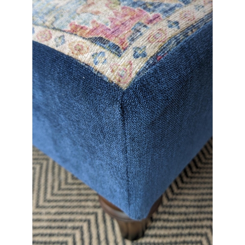 96 - HEARTH STOOL, Oriental design and blue fabric upholstery on turned feet, 29cm H x 132cm W x 62cm D.