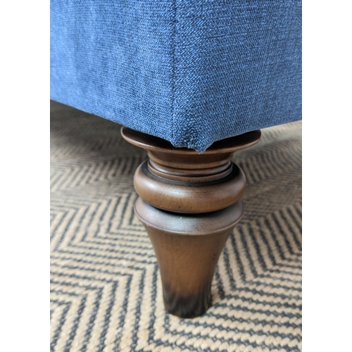 96 - HEARTH STOOL, Oriental design and blue fabric upholstery on turned feet, 29cm H x 132cm W x 62cm D.