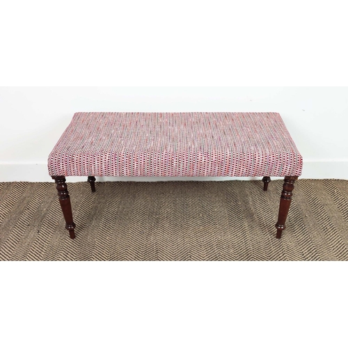 94 - STOOL, part 19th century mahogany in patterned red upholstery, 45cm H x 100cm W x 46cm D.