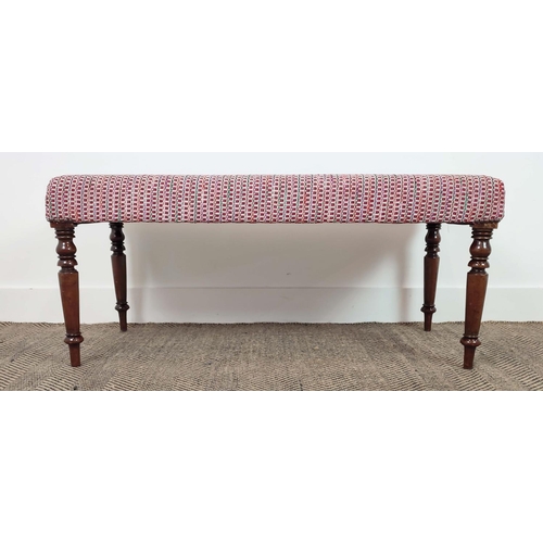 94 - STOOL, part 19th century mahogany in patterned red upholstery, 45cm H x 100cm W x 46cm D.