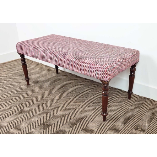 94 - STOOL, part 19th century mahogany in patterned red upholstery, 45cm H x 100cm W x 46cm D.