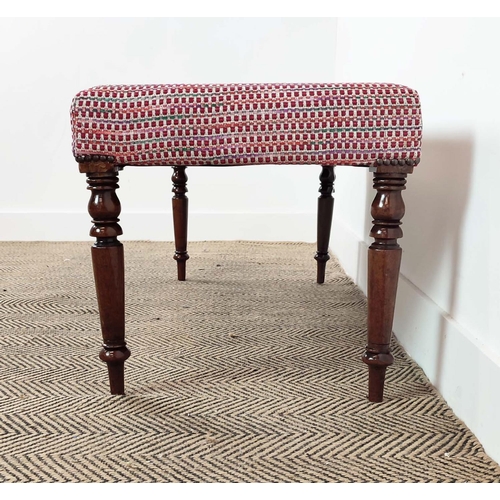 94 - STOOL, part 19th century mahogany in patterned red upholstery, 45cm H x 100cm W x 46cm D.