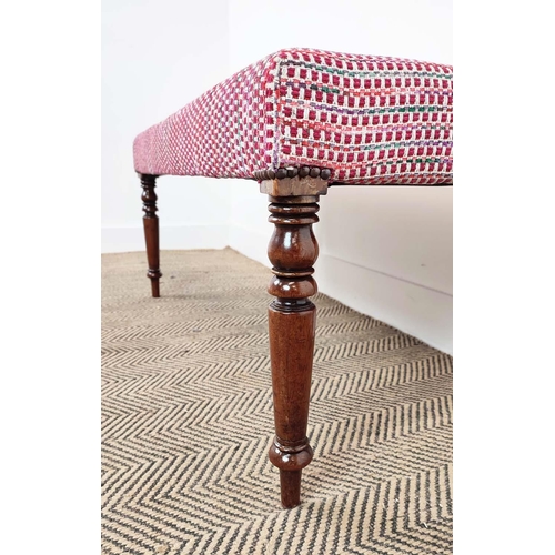 94 - STOOL, part 19th century mahogany in patterned red upholstery, 45cm H x 100cm W x 46cm D.