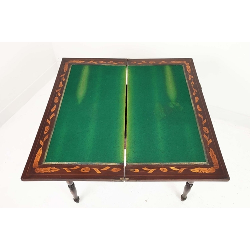 93 - CARD TABLE, 19th century Dutch mahogany and marquetry with green baize top, 77cm H x 80cm W x 39cm D... 