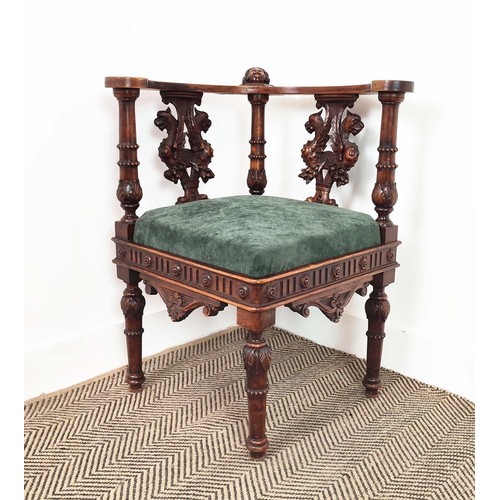 142 - CORNER CHAIR, mid 19th Continental carved walnut with green chenille drop in seat, 77cm H x 65cm W x... 