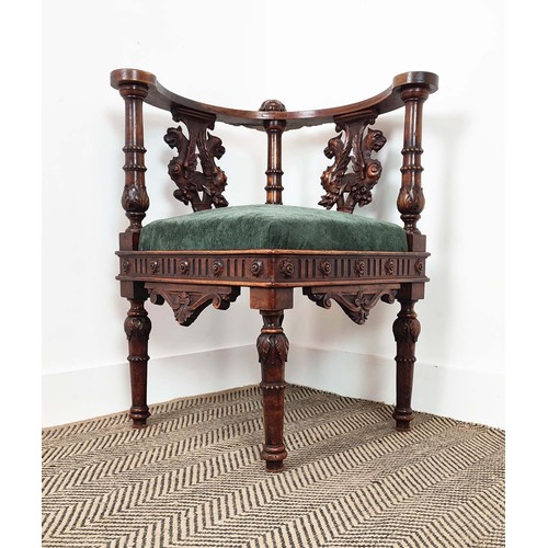 142 - CORNER CHAIR, mid 19th Continental carved walnut with green chenille drop in seat, 77cm H x 65cm W x... 