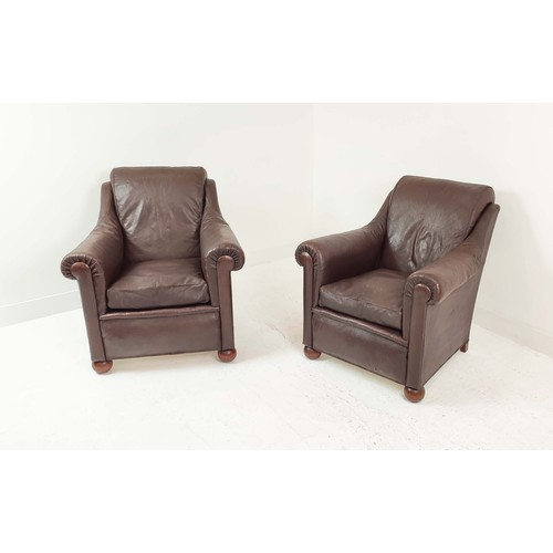 157 - CLUB ARMCHAIRS, a pair, early 20th century French, stitched tan leather, 74cm H x 80cm W. (2)