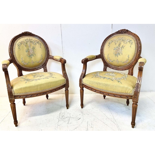 159 - FAUTEUILS, a pair, Louis XVI style, carved frames with embroidered upholstery, 91cm H x 63cm W x 55c... 