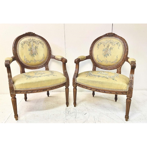 159 - FAUTEUILS, a pair, Louis XVI style, carved frames with embroidered upholstery, 91cm H x 63cm W x 55c... 