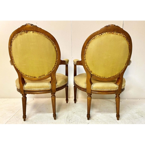 159 - FAUTEUILS, a pair, Louis XVI style, carved frames with embroidered upholstery, 91cm H x 63cm W x 55c... 