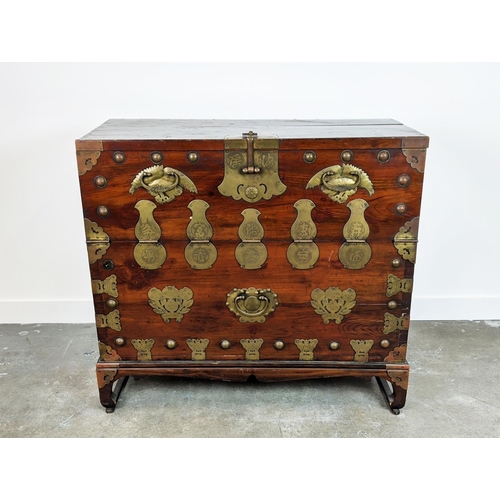 162 - CHEST, 19th century Korean firwood and brass mounted with fall front enclosing four drawers, 99cm H ... 