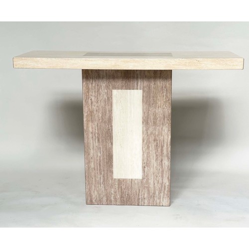 268 - CONSOLE TABLE, 1970's Italian two tone travertine marble rectangular with column plinth support, 110... 