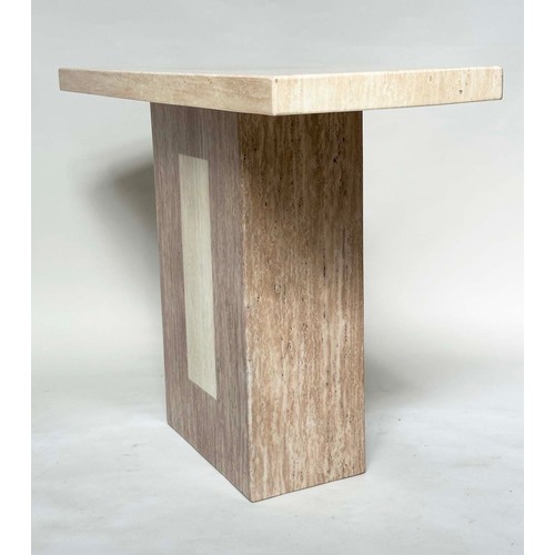 268 - CONSOLE TABLE, 1970's Italian two tone travertine marble rectangular with column plinth support, 110... 