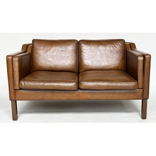 272 - SOFA, two seater grained soft natural tan brown leather with teak supports, 143cm W.