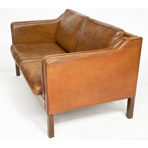 272 - SOFA, two seater grained soft natural tan brown leather with teak supports, 143cm W.