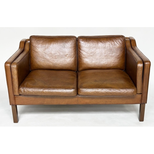 272 - SOFA, two seater grained soft natural tan brown leather with teak supports, 143cm W.