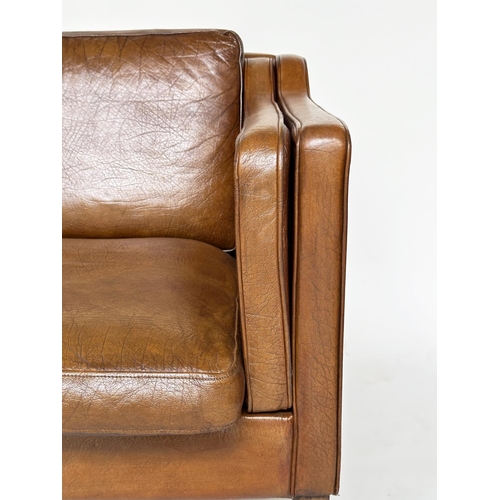 272 - SOFA, two seater grained soft natural tan brown leather with teak supports, 143cm W.