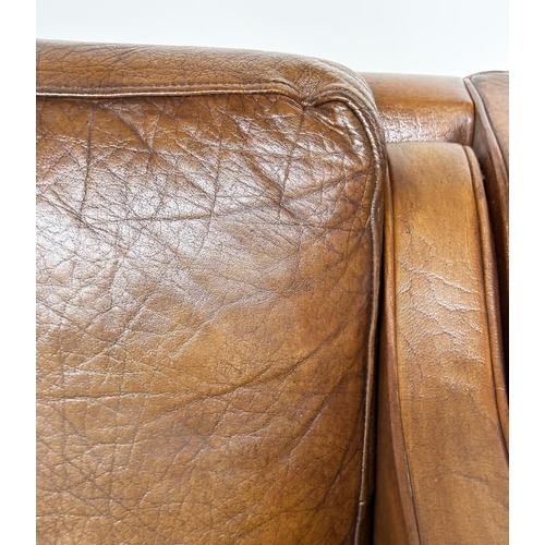 272 - SOFA, two seater grained soft natural tan brown leather with teak supports, 143cm W.