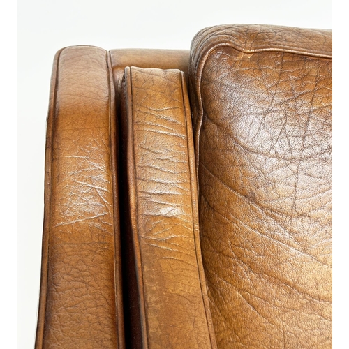 272 - SOFA, two seater grained soft natural tan brown leather with teak supports, 143cm W.