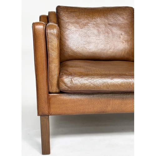 272 - SOFA, two seater grained soft natural tan brown leather with teak supports, 143cm W.