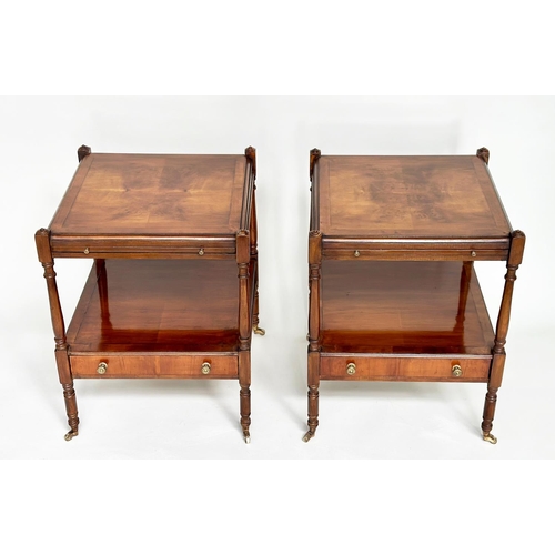 245 - LAMP TABLES, a pair, George III design yewwood each with brushing slide, drawer and two tiers, 46cm ... 