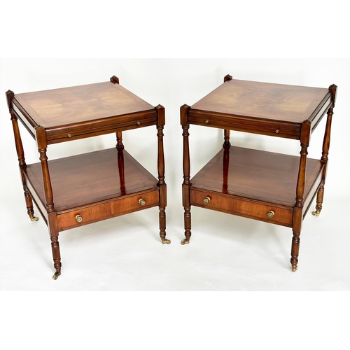 245 - LAMP TABLES, a pair, George III design yewwood each with brushing slide, drawer and two tiers, 46cm ... 