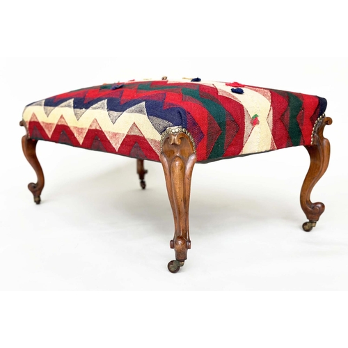 247 - KELIM HEARTH STOOL, rectangular Persian Qashqai Kelim upholstered on cabriole supports, 108cm W x 59... 