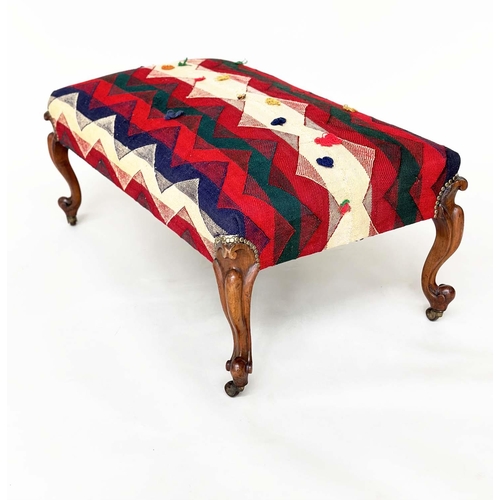 247 - KELIM HEARTH STOOL, rectangular Persian Qashqai Kelim upholstered on cabriole supports, 108cm W x 59... 