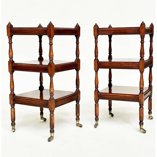 248 - LAMP TABLES, a pair, George III style yewwood and crossbanded each with three tiers and turned suppo... 