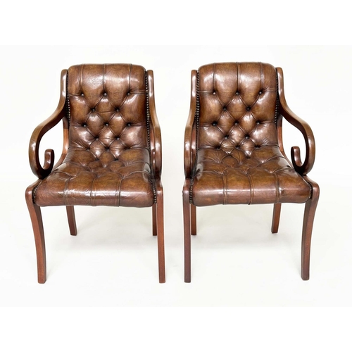 249 - LIBRARY ARMCHAIRS, a pair, Georgian style buttoned soft natural antique brown leather upholstered wi... 