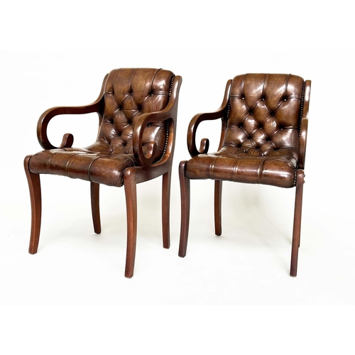 249 - LIBRARY ARMCHAIRS, a pair, Georgian style buttoned soft natural antique brown leather upholstered wi... 