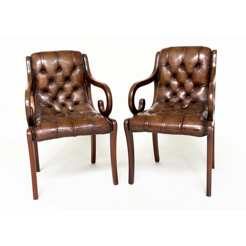 249 - LIBRARY ARMCHAIRS, a pair, Georgian style buttoned soft natural antique brown leather upholstered wi... 