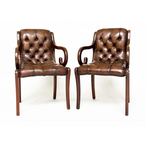 249 - LIBRARY ARMCHAIRS, a pair, Georgian style buttoned soft natural antique brown leather upholstered wi... 