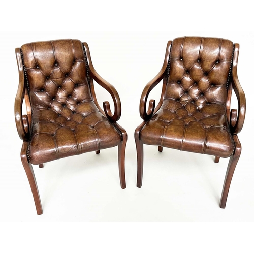 249 - LIBRARY ARMCHAIRS, a pair, Georgian style buttoned soft natural antique brown leather upholstered wi... 