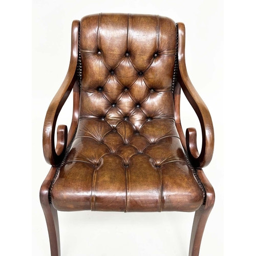 249 - LIBRARY ARMCHAIRS, a pair, Georgian style buttoned soft natural antique brown leather upholstered wi... 