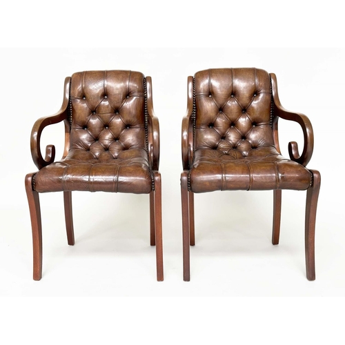 249 - LIBRARY ARMCHAIRS, a pair, Georgian style buttoned soft natural antique brown leather upholstered wi... 