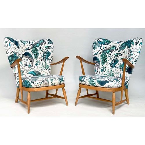 274 - ERCOL ARMCHAIRS, a pair, 1960s solid elm framed, later with jade green Birds of Paradise printed uph... 