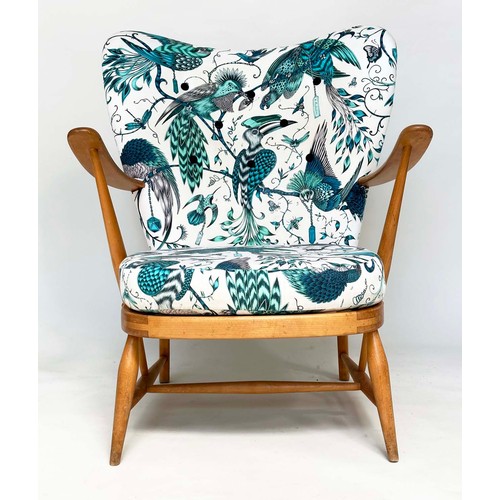 274 - ERCOL ARMCHAIRS, a pair, 1960s solid elm framed, later with jade green Birds of Paradise printed uph... 