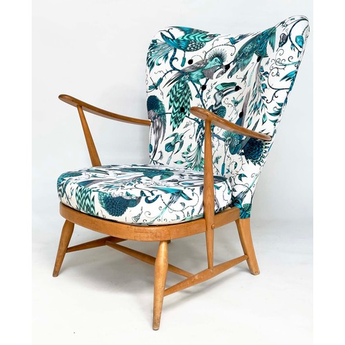 274 - ERCOL ARMCHAIRS, a pair, 1960s solid elm framed, later with jade green Birds of Paradise printed uph... 