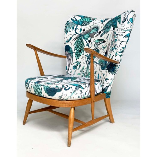 274 - ERCOL ARMCHAIRS, a pair, 1960s solid elm framed, later with jade green Birds of Paradise printed uph... 